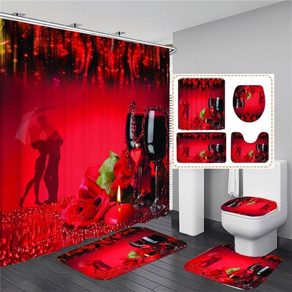 Boîtes aiment le rideau de douche rose rouge romantique ensemble couvercle de couvercle de toilettes et de bain Mat de salle de bain Curtains de salle de bain de la Saint-Valentin avec crochets décor