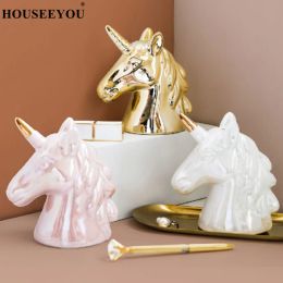 Cajas Nordic Ins Pearl Glaze Fantasy Unicornio Piggy Bank Decoración Cerámica Golden Caja de ahorro Caja de monedas Contenedor de almacenamiento