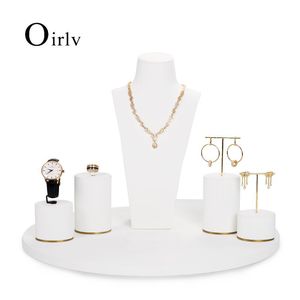 Dozen oirlv witte pu lederen sieraden display set voor ketting oorbellen ringwinkel raam tentoongesteld rekwisieten