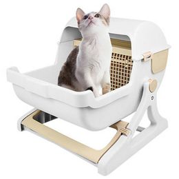 Bac à litière pour chat pour animaux de compagnie semi-automatique nettoyage rapide toilette de luxe pour chat bac à sable intérieur pour chat toilette pour chat plateau de toilette couvercle rabattable bassins pour chat