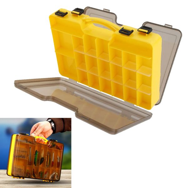 Boîtes en matériau PP Portable Double face 44 compartiments, boîte de rangement de matériel de pêche en plastique jaune, grand étui rigide translucide