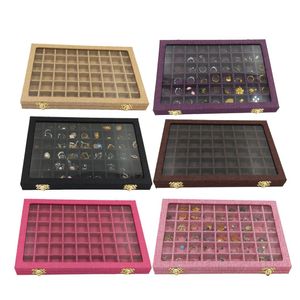 Cajas Caja de soporte de anillo 54 cuadrículas Tapa de vidrio transparente Showcase 40 Ranuras Joyas de joyas Joyero para collares de aretes Pulseras de brazaletes