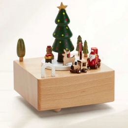Boîtes en bois tournant en bois boîte horloge-travail artisanat du Père Noël Claus Tunnel de Noël Train Roller Coaster Music Box Christm Birthday Gift