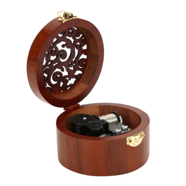 Boîtes Round Boîte de musique de sculpture en bois dans le ciel / swan Lake Hand Cranking Clockwork Musical Boîte pour le cadeau de Noël d'anniversaire