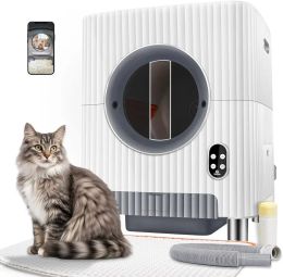 Bac à litière autonettoyant pour chat, porte d'entrée électrique automatique pour plusieurs chats avec moniteur vidéo/élimination des odeurs/support 5G/APP