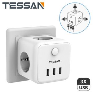 Boîtes Tessan White Eu Adaptateur d'alimentation multiple de socket avec 3 ports de chargeur USB 3 prises AC et protection contre la surcharge du cordon de commutateur ON / OFF
