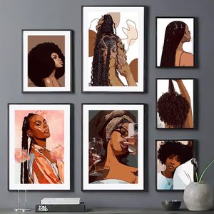 Boîtes murales toile peinture mode fille noire salon de coiffure champagne salon de salon décoration affiches et imprimés images murales à la maison