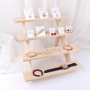 Cajas de madera de escritorio collar anillo soporte de exhibición multicapa desmontable pendiente tarjeta reloj joyería titular brazalete pequeño estante de almacenamiento artesanal