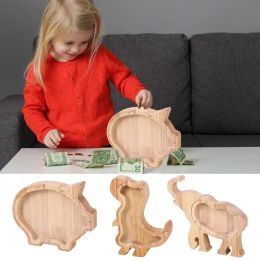 Boîtes en bois clair Animal Piggy Bank for Boys Girls Kids Dinosaurs Elephant Pig Saving Money Bank Rangement Boîte de rangement GIF décoratif