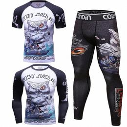 Boxe Jiu Jitsu T-shirts + pantalons ensembles Bjj Rguard pour hommes 3D imprimé MMA Compri t-shirt Kickboxing Kit Muay Thai vêtements de sport J82s #