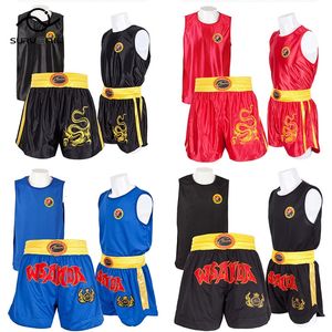Conjunto de pantalones cortos y chaleco de boxeo Pantalones cortos de Muay Thai Camiseta de MMA Hombres Mujeres Niños Entrenamiento Sanda BJJ Jiujitsu Artes marciales Kickboxing Wear 240119