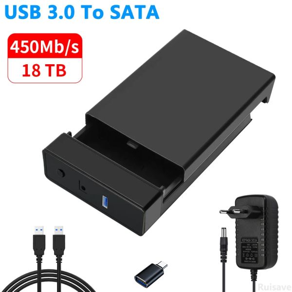 Boxs Ruisave Boîtier de disque dur SATA 3,5 pouces Câble 3 pieds USB3.0 Boîtier HD externe pour boîtier de disque dur jusqu'à 18 To SSD SATA Lecteur hd externo