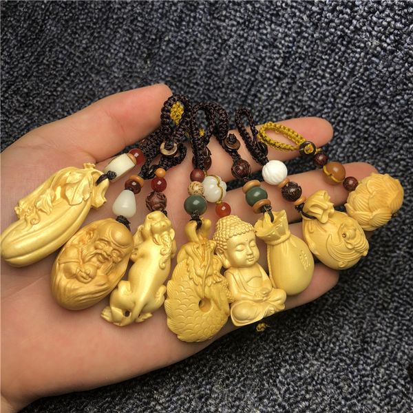 porte-clés en buis pendentif sac à main sculpté bouddha PI xiu lotus sac à main pendnat porte-clés