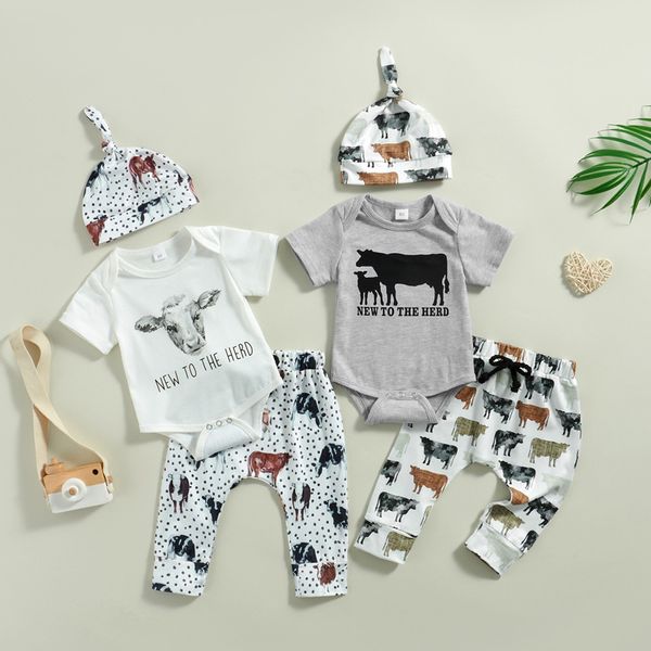 Ragazzo bambino pagliaccetto set di abbigliamento carino mucca infantile stampato tutina manica corta + cartone animato pantaloni casual cappello 3 pezzi vestiti vestito luna piena abiti S2190