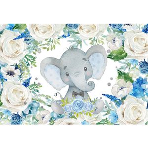 Niño Baby Shower elefante telón de fondo impreso blanco azul flores hojas verdes recién nacido niños fiesta de cumpleaños fotomatón fondo