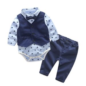 jongen kleding gentleman rompertjes vest + broek lente mode pasgeboren kleding set baby pak strikje conjuntos bebe roupa 210309