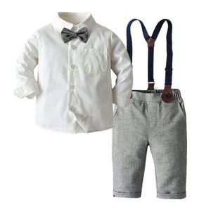 Jongen kleding set jurk pak gentleman wit shirt met strikje + grijze broek party bruiloft knappe jongen kleding voor jongens kleding LJ201202