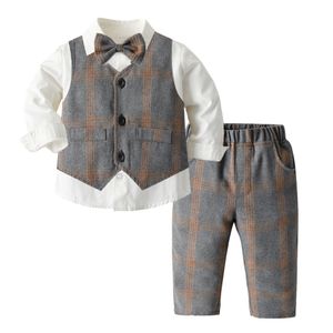 Jongen colthing sets 2021 baby strikje wit shirt + vest jas + raster broek mode 3 stks outfits set kinderkleding