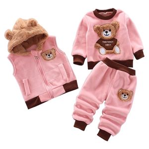 jongen meisje kleding herfst en winter puur katoen dikke warme vest hooded trui cartoon kat driedelige baby pak 210309