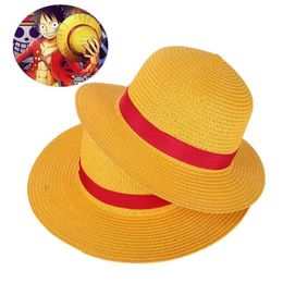 Garçon fille une pièce casquette chapeau de paille cou chaîne Luffy chapeaux plats Cosplay japonais dessin animé accessoires enfant rouge rayure plage YF001 Wide Brim275C