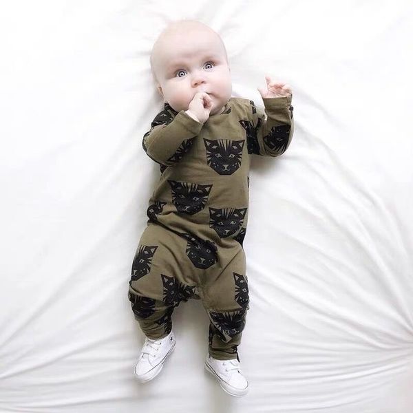 Chico niña mameluco manga larga algodón ejército verde gato cabeza impresión patrón de ropa bebé recién nacido uno pieza infantil ropa ropa 210309