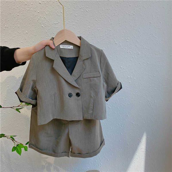 Garçon fille costume été bébé gris manteau + short mode 2 pièces tenues ensemble vêtements E2114 210610