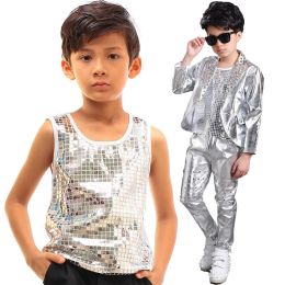 Chico Jazz Performance Costume Cantante Niños Hip Hop Dancing Clothing Vest Camiseta Black Boys Tops Dance Wear DNV10056