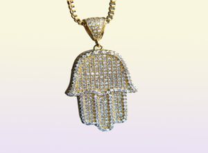 Boy Men Fatima Hamsa Collar colgante a mano helado 5a bling circón cúbico cadena delgada regal de hip hop suerte turca 6271780