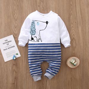 Boy Romper lange mouw katoen schattig dierenprint en streep splicing jumpsuit pasgeboren babykleding baby pama outfits l2405