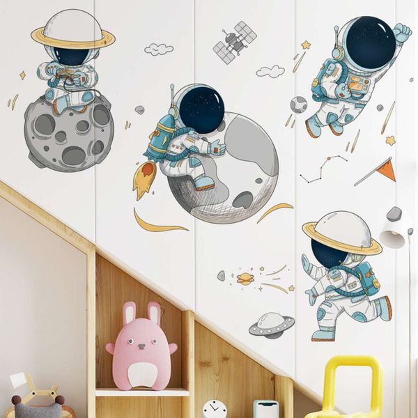 Pegatinas de pared de planetas de dibujos animados de astronauta para habitación de niño, pegatinas decorativas para habitación de niños, pegatinas decorativas para dormitorio y guardería