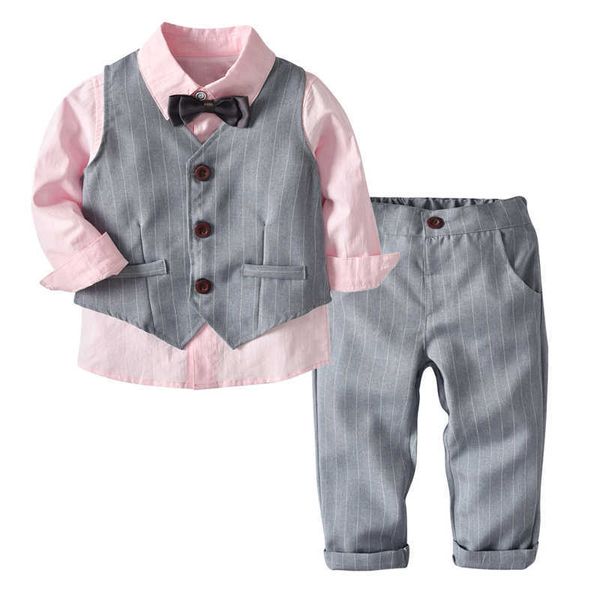 Ensemble de vêtements pour garçon gilet + chemise + pantalon 3 pièces costumes pour enfants enfant en bas âge vêtements décontractés gris rose X0802