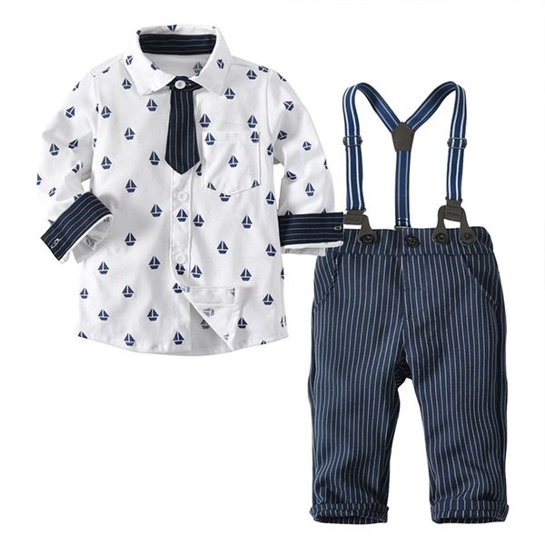 Conjunto de niño primavera otoño camisa de caballero de manga larga corbata superior + pantalón de tirantes de tres piezas de moda Casual niño chico ropa 210528
