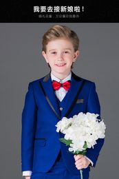 Costume garçon revers sur mesure bleu enfant costume mariage/bal/dîner/loisirs/spectacle costume pour enfants (veste + pantalon + gilet + chemise + cravate) M1327