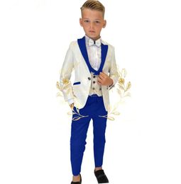 Costume de costume 3 pièces Enfant ivoire jacquard veste ensembles fleurs garçons costume de fête de fête pour enfants