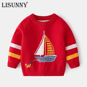 Jongen Sweaters 2021 Herfst Winter Baby Gebreide Trui Jumper Kinderen Pullover Peuter Kid Kleding Cartoon Zeilboot Crab Jacquard Y1024