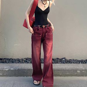 Jean Baggy Style Boyfriend pour femme, pantalon en Denim, taille haute, Vintage, délavé, jambes larges, rouge