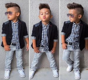 Jongens 3Pieces Kleding Pakken Kindermodeset Kinderjas Shirt Jean Baby Boy039S Outfits Coat Plaid Shirts Trouser 21045713220