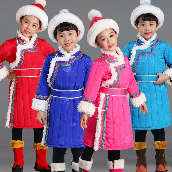Túnicas mongolas chinas para niños y niñas, chaqueta acolchada de algodón para otoño e invierno, ropa gruesa de pelo de cordero para la vida diaria de los niños