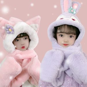 Chapeaux mignons d'automne et d'hiver pour garçons et filles, gants écharpe, ensemble 3 pièces, capuche extérieure en peluche, chapeau tout-en-un pour enfants