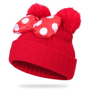 Jongens en meisjes gestreepte gebreide beanie met dubbele pom-pom ballen Leuke bowtie mooie muizen oren ontwerp