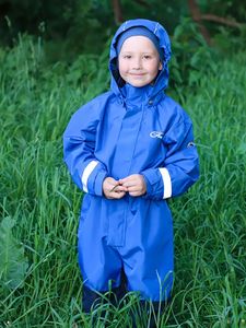 Blauwe waterdichte overall met capuchon voor jongens, perfect voor buitenactiviteiten met duurzaam, duurzaam materiaal, kinderregenjas