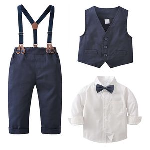Jongens Bow White lange mouwen shirt+marine vest+marineblauwe riembroek modegentleman formeel pak kindercasual kleding l2405
