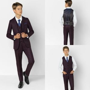 Jongens Bourgondië Check Suit Diner Suits Boys Suits Tuxedo voor Kinderen Geweldige Kwaliteit Formele Gelegenheid Geschikt voor Kleine Mannen Drie stukken Fantastisch