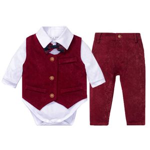 Ropa para niños Traje de boda para bebé recién nacido Mameluco blanco + Chaleco rojo + Pantalones 4 piezas Trajes de primavera para niños pequeños caballeros Kb8040 G1023