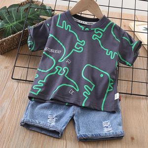 Jongens Summer Fashion Crew Neck Children Tracksuit Dinosaur T-Shirt Denim Shorts Pak Kids Outfit Baby Boys Set 1-5 jaar 240407