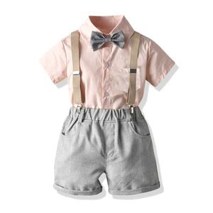 Jongens kleding peuter kinderen effen shirt met boog + grijs korte + riem 4 stuk jongen casual jurk mode zomer kid kleding katoen x0802
