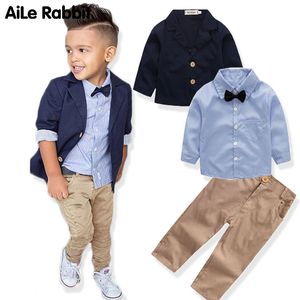 Jongens Kleding Gentleman Sets Jas Shirt Broek / Set Kids Boog Kinderkleding Jas Tops Stripe Apparel LJ201202