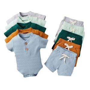 Garçons Vêtements De Marque Enfants Boutique D'été Ensembles De Vêtements Bébé Solide Pit Rayé Barboteuses Shorts Costumes Respirant Combinaisons Décontractées Pantalons À Cordon Tenues