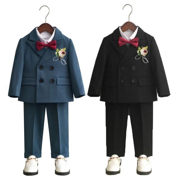 Garçons Double boutonnage robe costume ensemble automne hiver enfant fête d'anniversaire mariage hôte Costumes enfants Blazer pantalon noeud papillon vêtements 231220