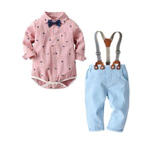 Jongens drop-shiping nieuwe kleren Baby Kids Plaid Printing Romper met Bow and Suspender Pants 2-delige kleding Set Toddler Boys Outfit
